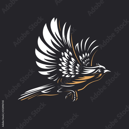 Fire Bird silhouette logo template on black background - Hand drawn outline flying phoenix or hawk with spread wings vector illustration. Gold and white vintage emblem design. Perfect for t-shirts