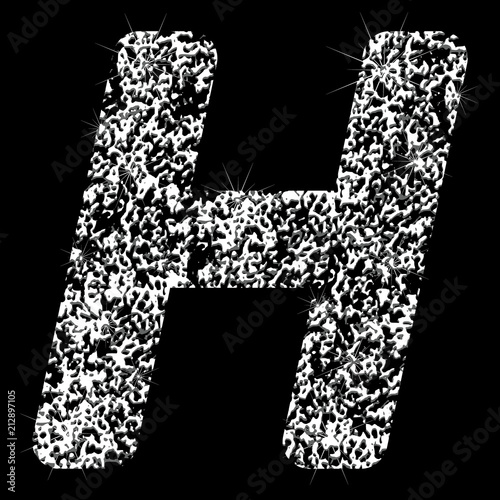 Silver glittering letter H. Vector shining silver sparkling letter on black background.