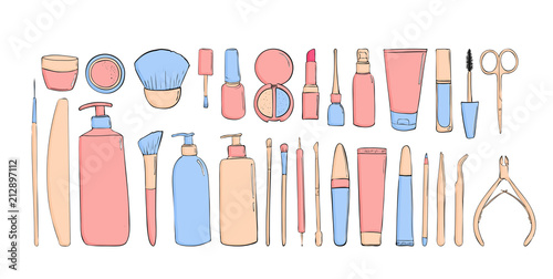 Beauty products in pastel colors. Makeup kit. Beauty saloon. Elements for design. Set of cosmetics.