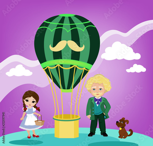 Illustration of Dorothy, wizard of the Emerald City  and its balloon.