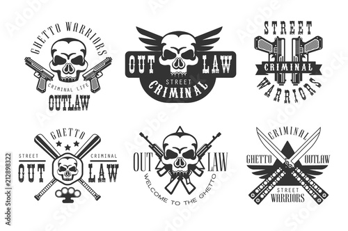 Vector set of original emblems related to criminal life. Monochrome labels with skulls, guns, crossed baseball bats and knives