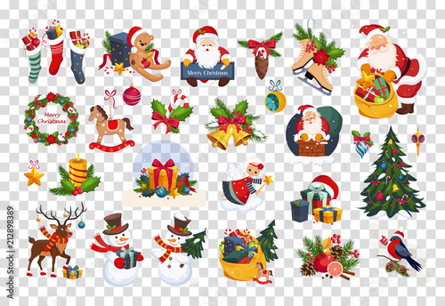 Flat vector set of colorful items related to Christmas and New Year theme. Santa Claus, toys, gifts and tree. Elements for greeting cards