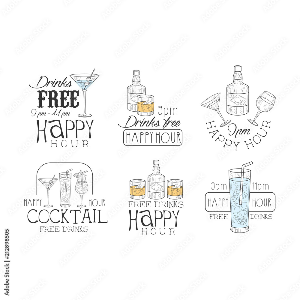 Vectoe set of original promotion signs for cocktail bar. Logos with bottles and glasses with drinks. Sketch style emblems with colorful fill