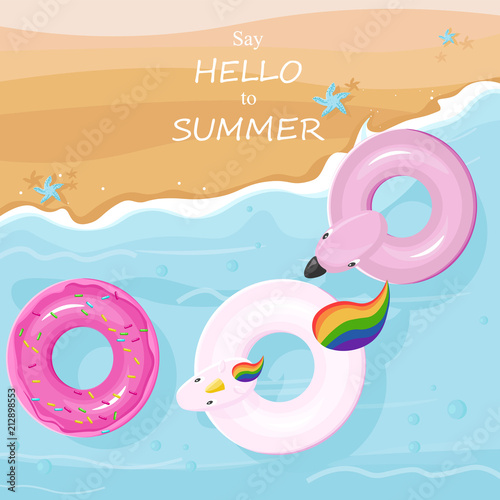 Floating toys at the beach top view Vector. Summer card background. Tropic se...