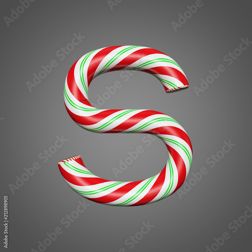 Festive alphabet letter S uppercase. Christmas font made of mint striped candy canes. 3D render on gray background.