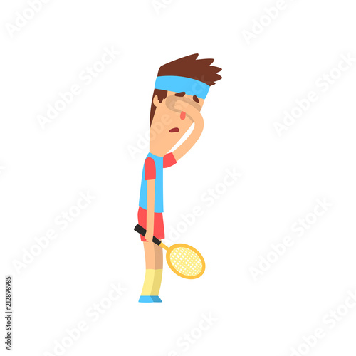 Tired or sad guy holding tennis racket and closing his face with hand. Young man in sportswear. Flat vector design