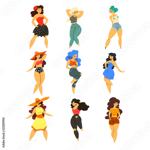 Beautiful curvy, overweight girls set, plus size women in fashionable clothes, pinup model vector Illustrations