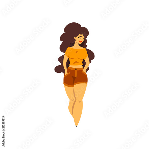 Beautiful curvy, overweight brunette girl with long hair, plus size woman pinup model vector Illustration