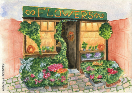 Fototapeta Naklejka Na Ścianę i Meble -  Flowers shop outdoor. Hand painted watercolor illustration.