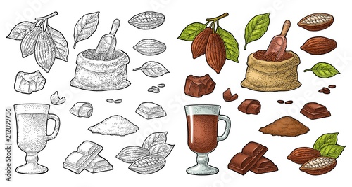 Chocolate piece, bar and shave. Vector vintage black engraving