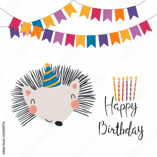 Hand drawn birthday card with cute funny hedgehog in a party hat, bunting, le...