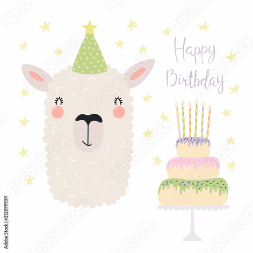 Hand drawn birthday card with cute funny llama in a party hat, cake with candles, quote Happy birthday. Isolated objects. Scandinavian style flat design. Vector illustration. Concept for kids print.