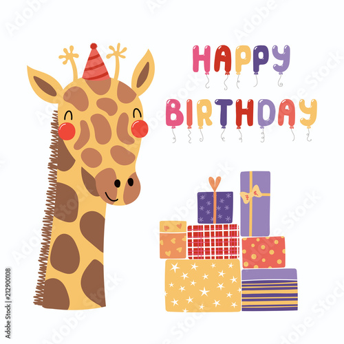 Hand drawn birthday card with cute funny giraffe in a party hat, presents, balloons quote Happy birthday. Isolated objects. Scandinavian style flat design. Vector illustration. Concept for kids print.