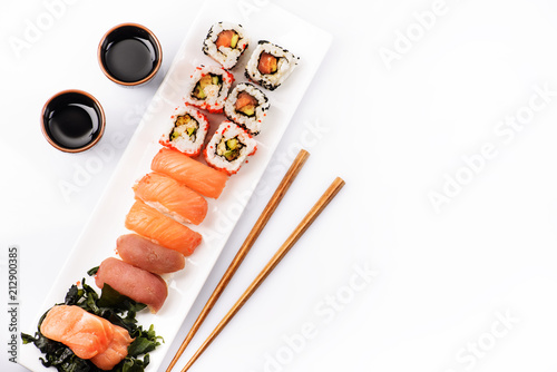 Top view of sushi set isolated over white