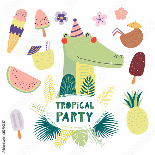 Hand drawn vector illustration of a cute funny crocodile in a party hat, with...