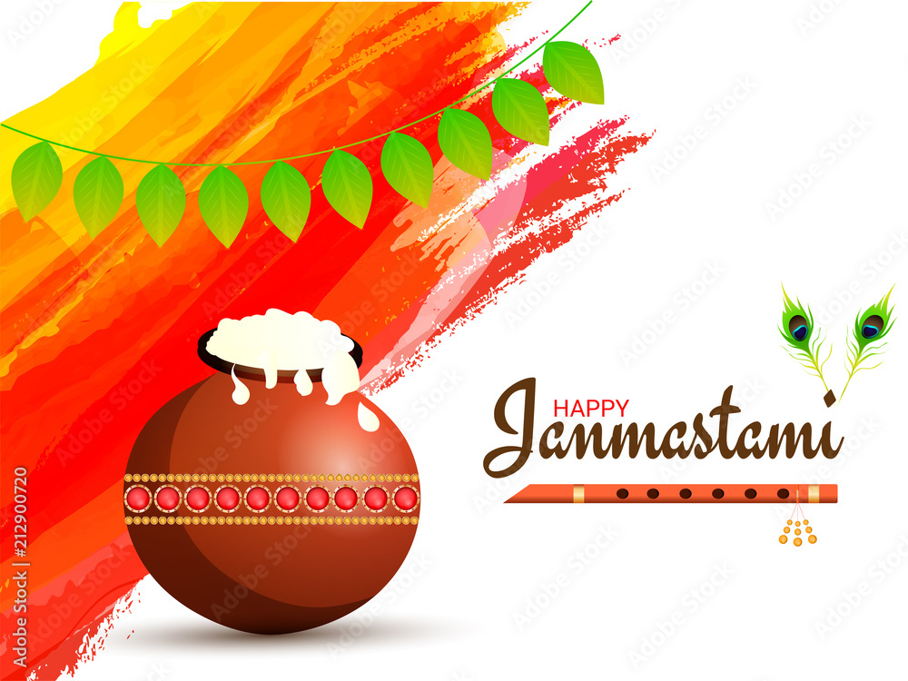 Janmashtami festival background decorated with brown pot, flute (Bansuri)  and traditional mango leaves garland (Toran). Stock Vector | Adobe Stock