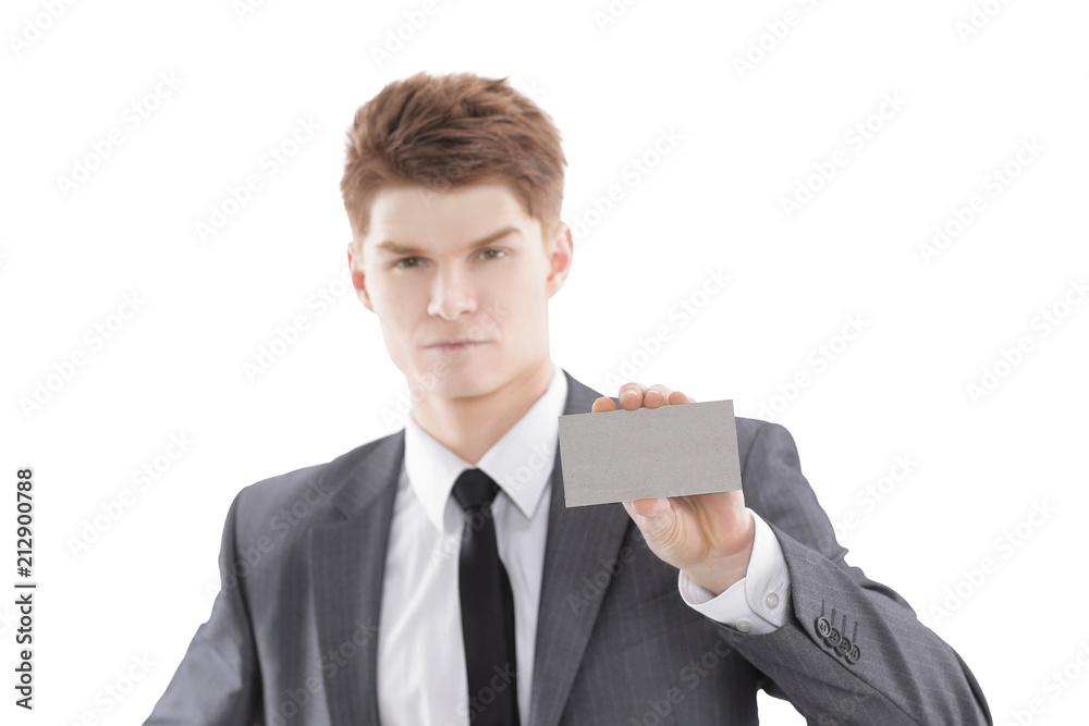 young businessman showing blank business card.isolated on a white young businessman showing blank business card.isolated on a white