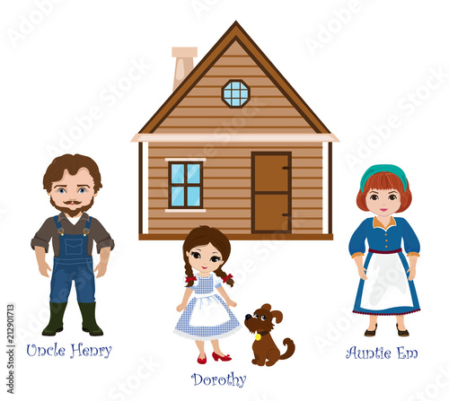 Illustration of Dorothy and her family. Uncle Henry, Auntie Em on background of the house.
