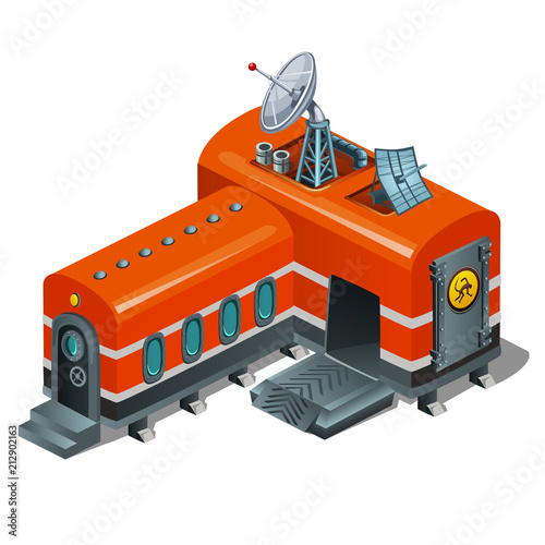 Mobile research station of red color isolated on white background. Vector cartoon close-up illustration.