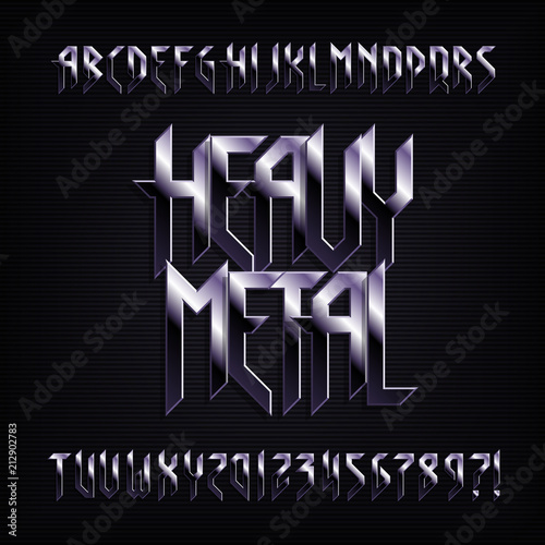 Heavy metal alphabet font. Metal effect shiny letters, numbers and symbols. Stock vector typeface for your design.