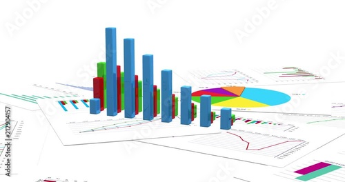 Growing financial charts on white background. Loopable 3D animation. 4K improved version