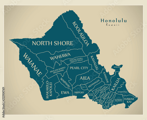 Modern City Map - Honolulu Hawaii city of the USA with neighborhoods and titles