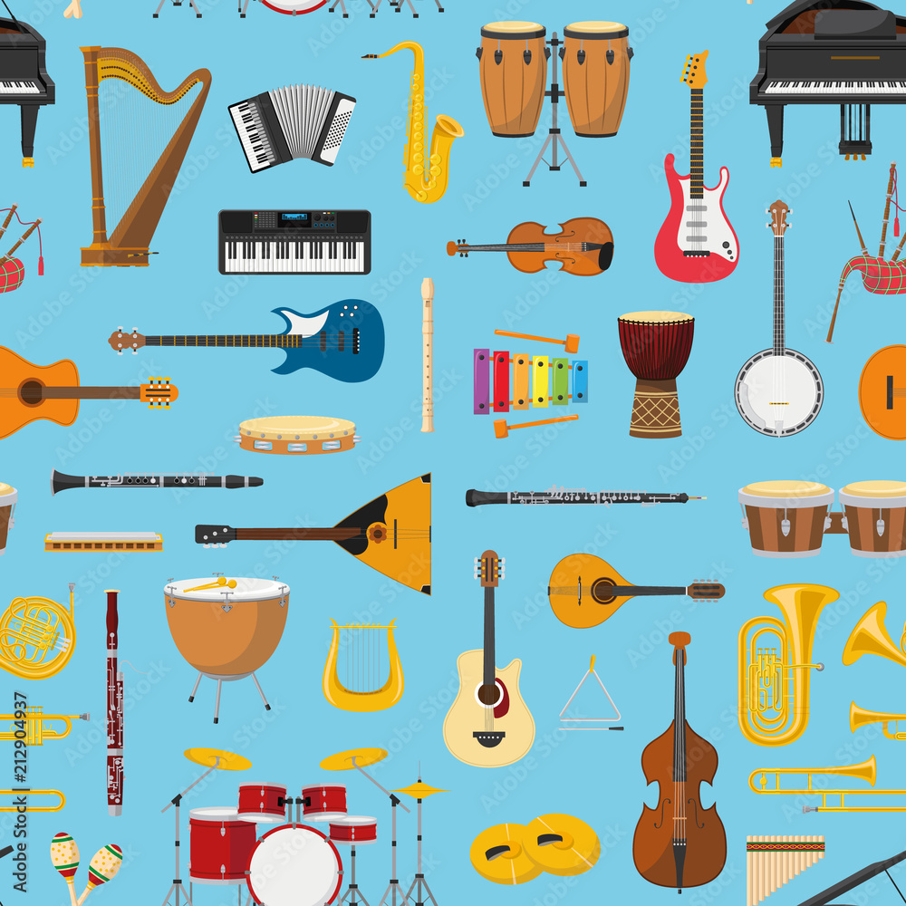 Obraz premium Musical instrumental seamless pattern background. Vector illustracion