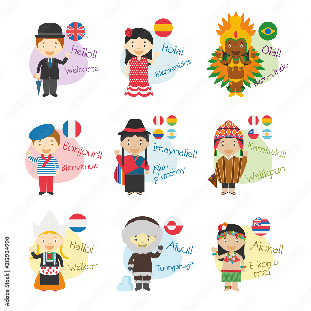 Vector illustration set of cartoon characters saying hello and welcom ...