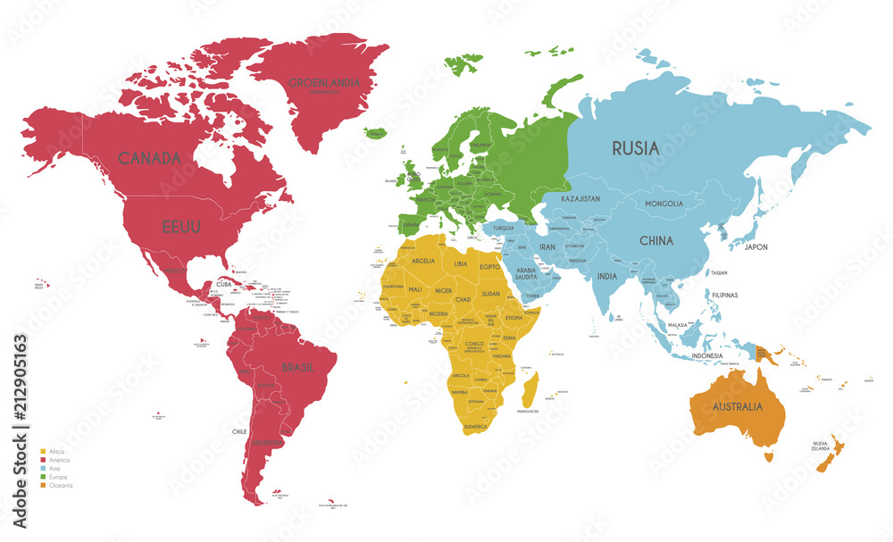 Political World Map vector illustration with different colors for each continent and isolated on white background  with country names in spanish. Editable and clearly labeled layers.