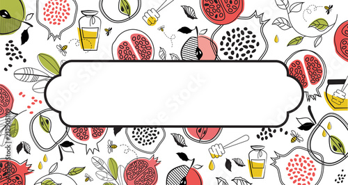 greeting banner with symbols of Jewish holiday Rosh Hashana , New Year. with white frame for place for your text. vector illustration template vector illustration design