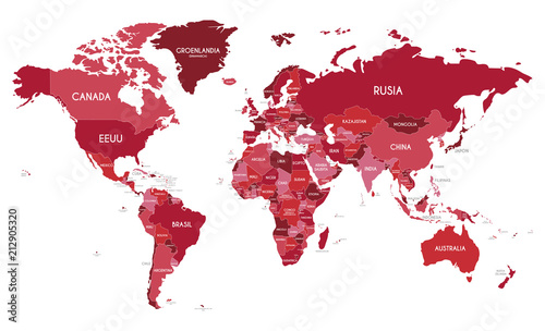 Political World Map vector illustration with different tones of red for each country and country names in spanish. Editable and clearly labeled layers.
