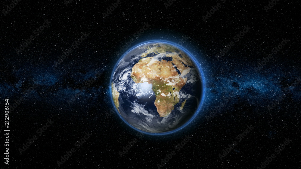 Realistic Earth Planet, rotating on its axis in space against the background of the Milky Way star sky. Astronomy and science concept. Continents and oceans. Elements of image furnished by NASA Realistic Earth Planet, rotating on its axis in space against the background of the Milky Way star sky. Astronomy and science concept. Continents and oceans. Elements of image furnished by NASA