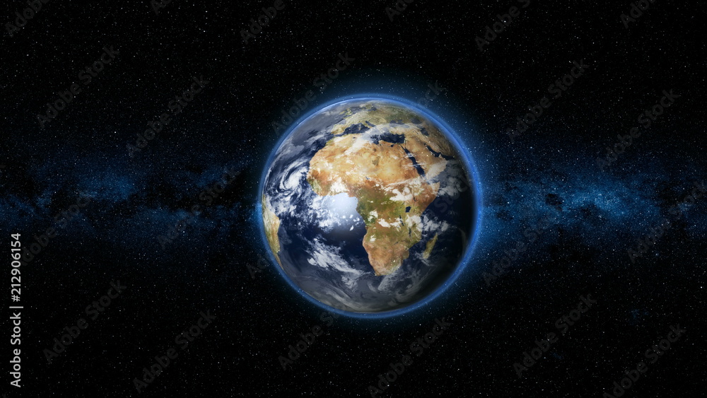 Realistic Earth Planet, rotating on its axis in space against the background of the Milky Way star sky. Astronomy and science concept. Continents and oceans. Elements of image furnished by NASA