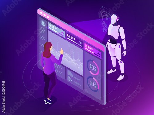 Isometric Maintenance engineer working with digital display. Robot programming concept. Artificial intelligence horizontal banner. Vector illustration