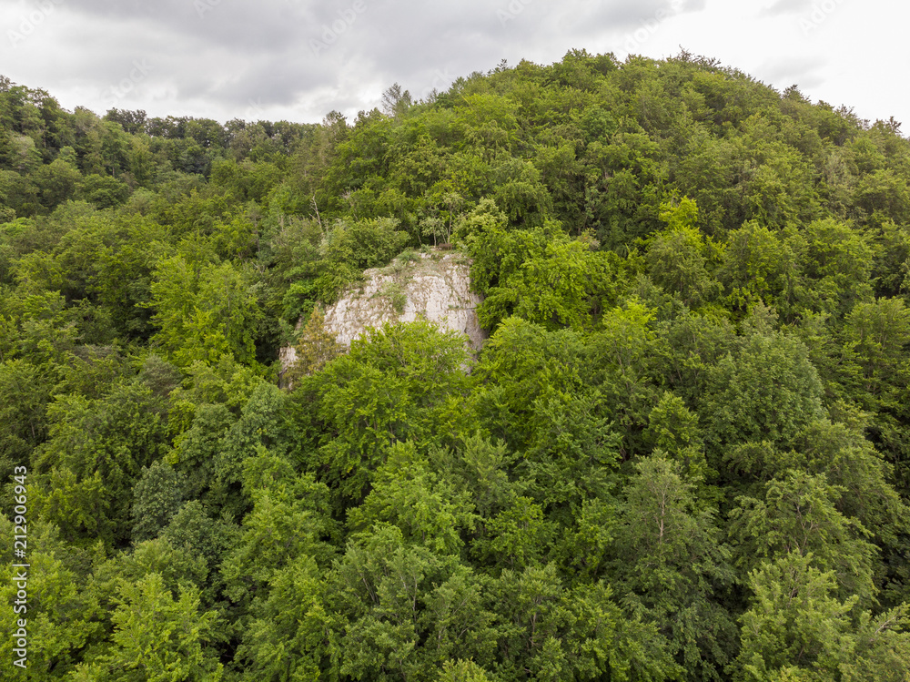Aus dem Wald ragender Fels - Luftaufnahme
