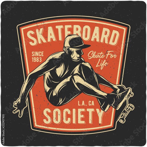 T-shirt or poster design with hand drawn illustration of boy flying on skateboard