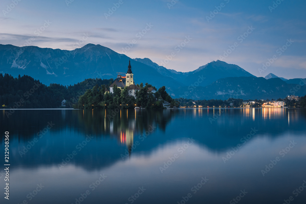 Church on the island on Lake Bled at blue hour, Slovenia