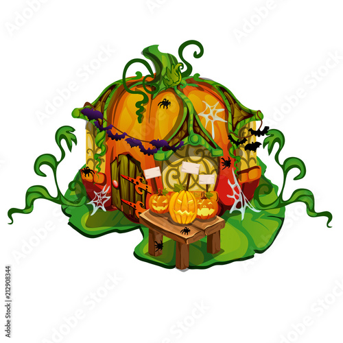 Fairy tale house made out of pumpkins. Home of dwellers of fantasy forest with decorations in the style of the holiday Halloween isolated on a white background. Vector cartoon close-up illustration.