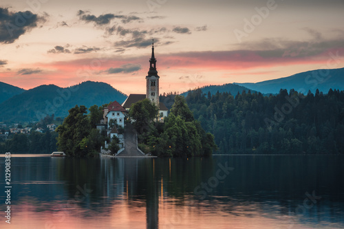 Dusk over the church on the island on Lake Bled, Slovenia