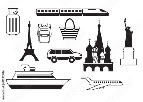 Set of travel icons. Mobile app, printing, web site icon. Simple elements. Monochrome airplane, train, ship, showplace and luggage vector illustration.