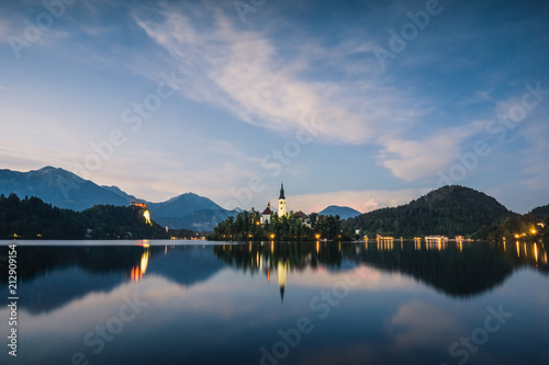 Church on the island on Lake Bled at blue hour, Slovenia © Artur Bociarski
