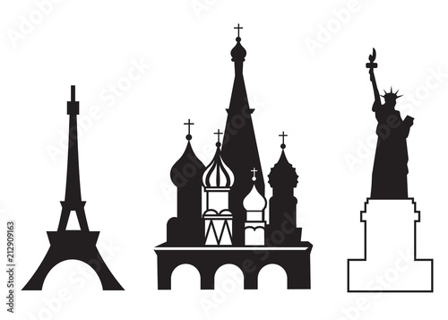 Set of showplace icons. Mobile app, printing, web site icon. Simple elements. Monochrome Statue of Liberty, Red Square and Eiffel Tower vector illustration.