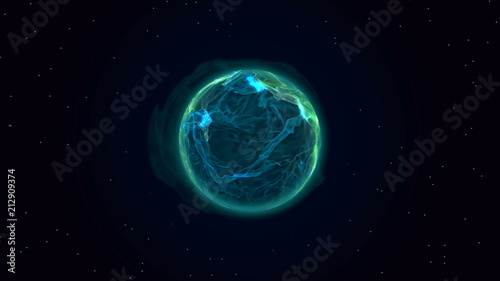 Blue plasma planet in space. Rotating  energy ball with beautiful energy charges. Water planet