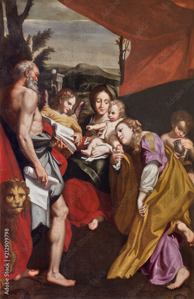 PARMA, ITALY - APRIL 16, 2018: The painting of Madonna with the Child St. Jerome and St. Mary Magdalen in church Chiesa di San Vitale as copy of Correggio (1528).