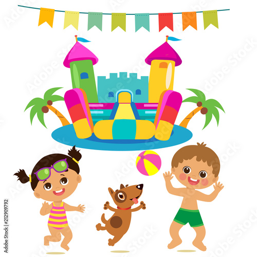Jumping Kids And Dog And Bouncy Castle Vector Set. Cartoon Illustrations On A White Background. Bouncy Castle And Funny Boy And Girl On The Beach. Summer Vacations Vector Set.