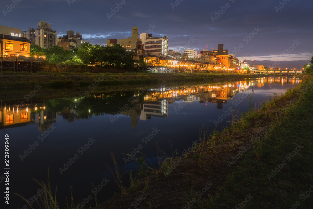 Kamogawa river nearby Gion at dusk