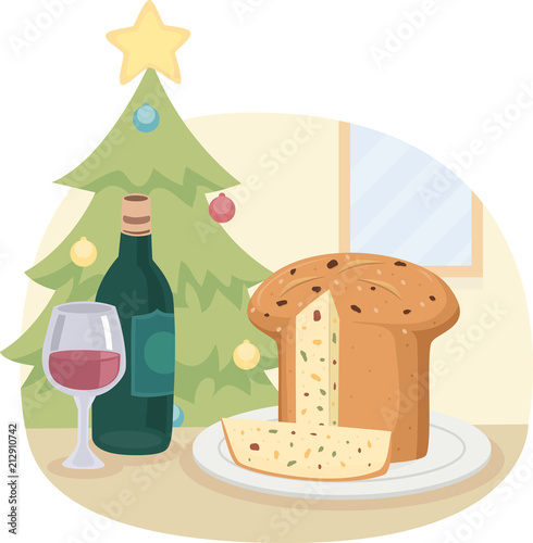 Panettone Bread Wine Xmas Tree Illustration
