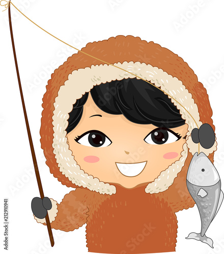 Kid Boy Eskimo Fishing Illustration