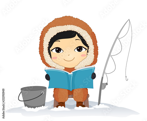 Kid Boy Eskimo Read Book Fishing Illustration