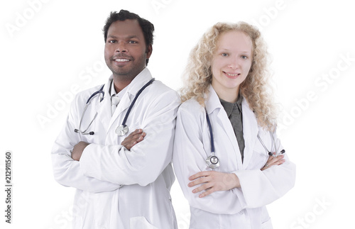 Full body portrait of two happy smiling young medical people,